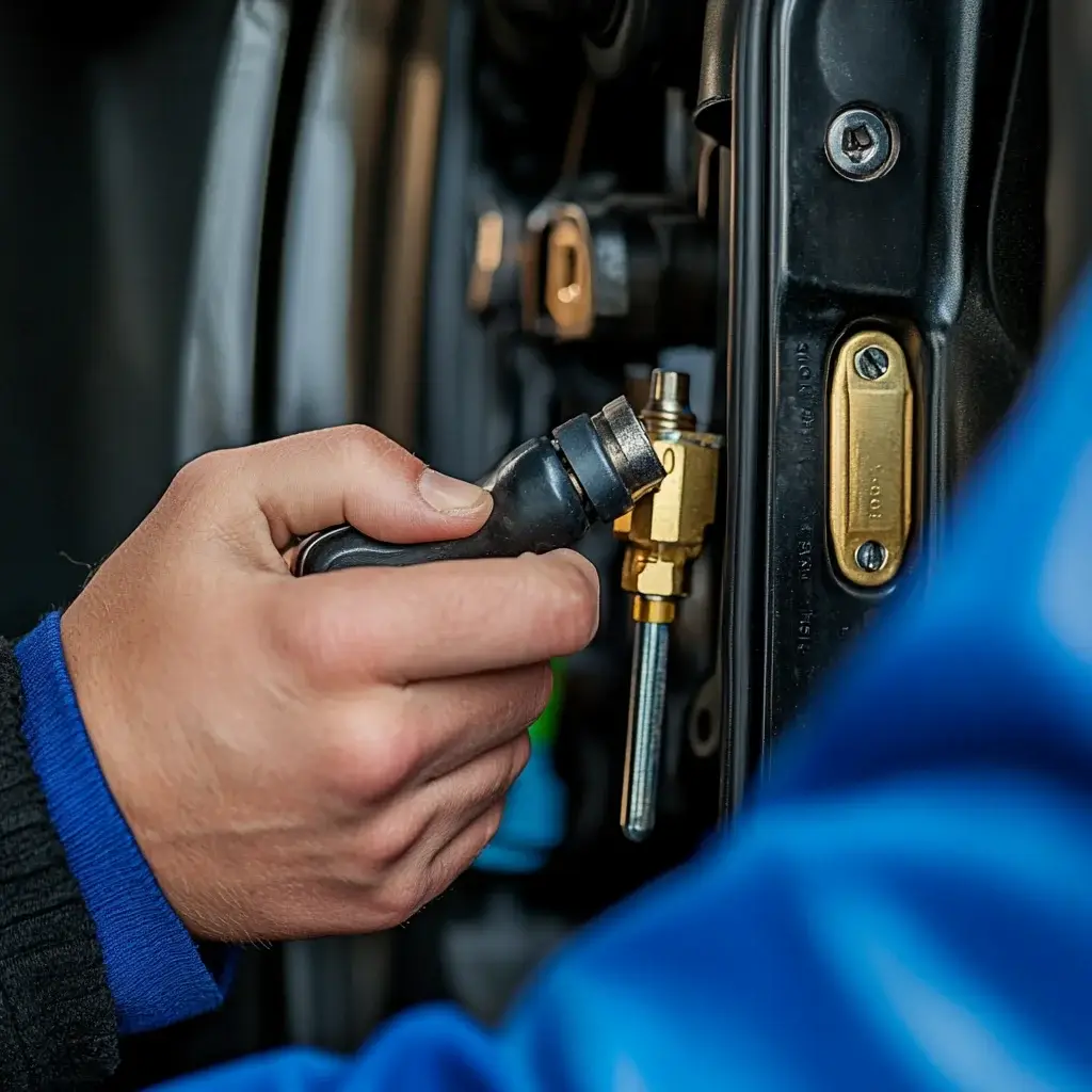 Der Schlüsseldienst-Mitarbeiter aus Aschersleben repariert das Auto-Schloss